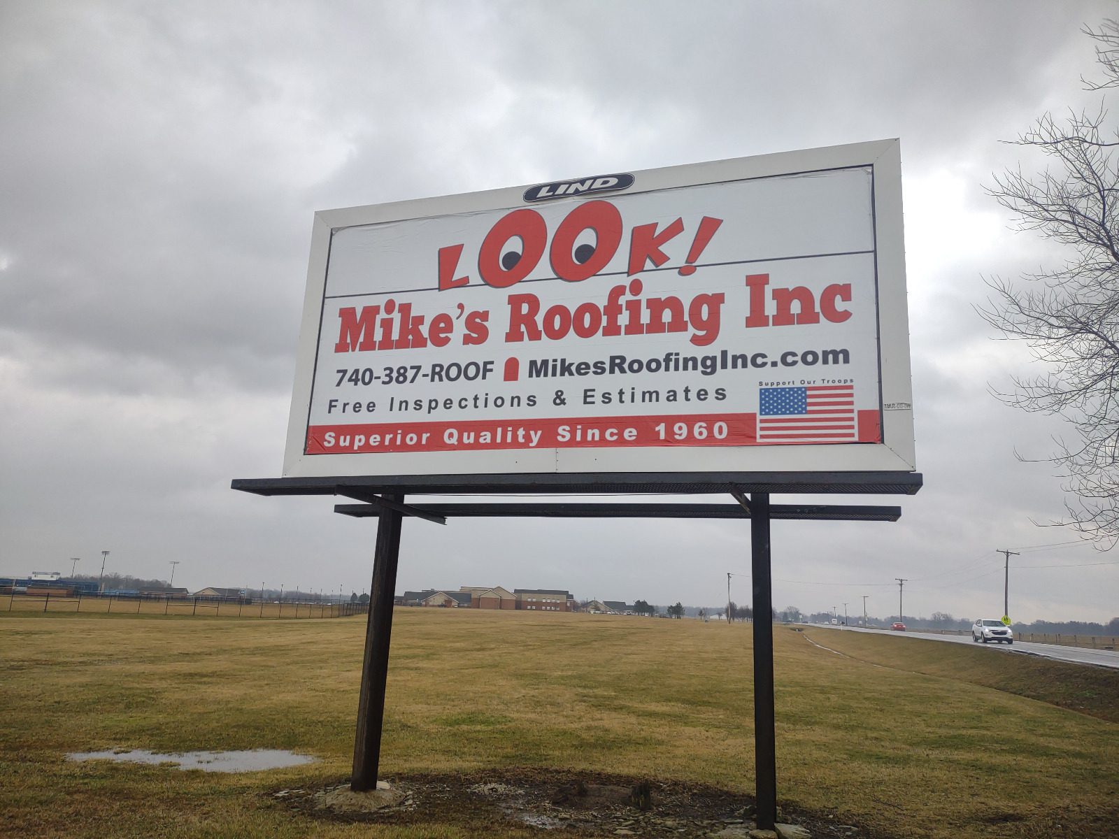 Mike's Roofing billboard, mikes roofing, roof marion, roof estimates, roof inspections