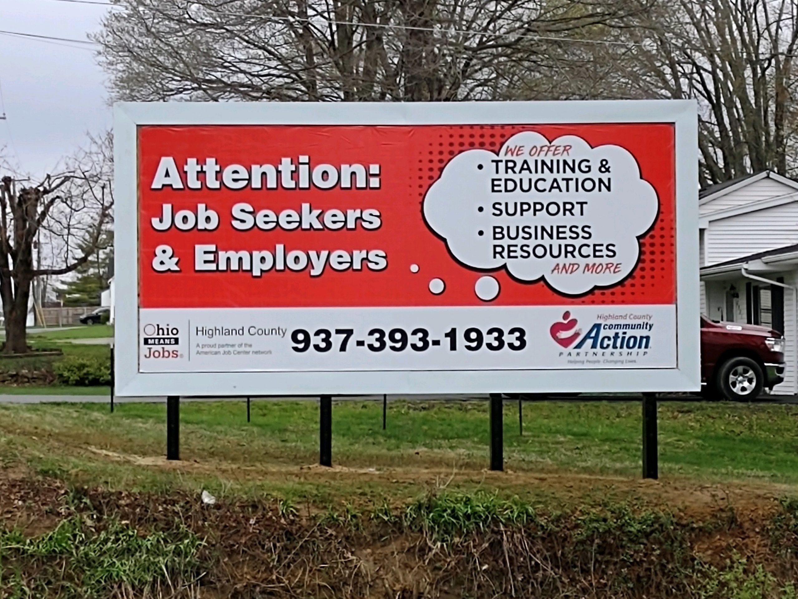 Hiring billboard, highland county community action, jobs highland county, Ohio Means Jobs billboard