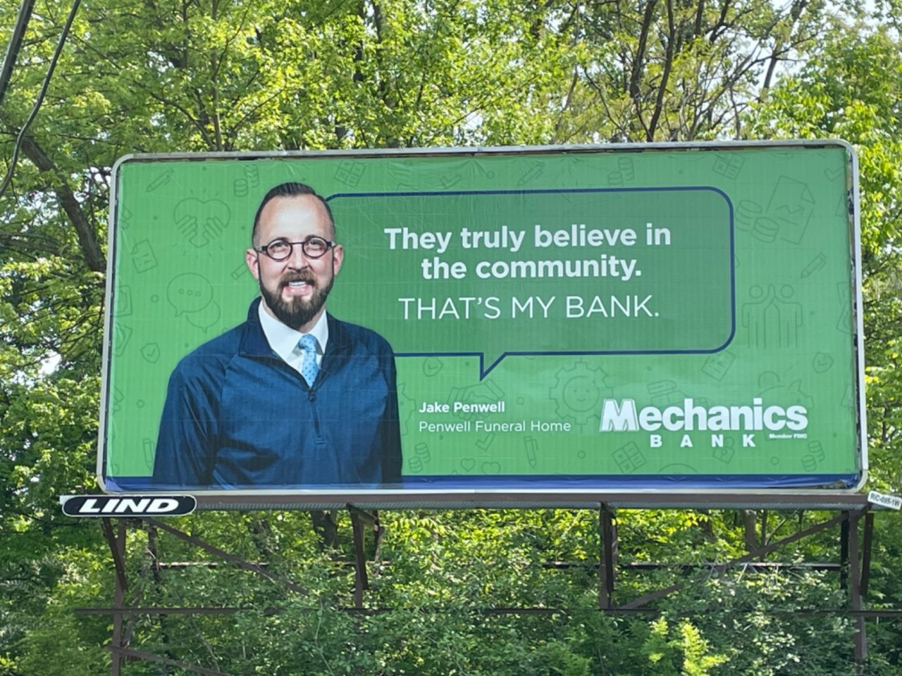 Mechanics Bank billboard, banking billboard, bank testimonial billboard