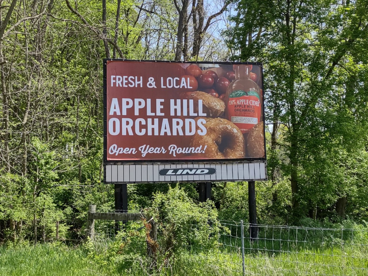 Apple Hill Orchard billboard, donuts billboard, apple cider billboard