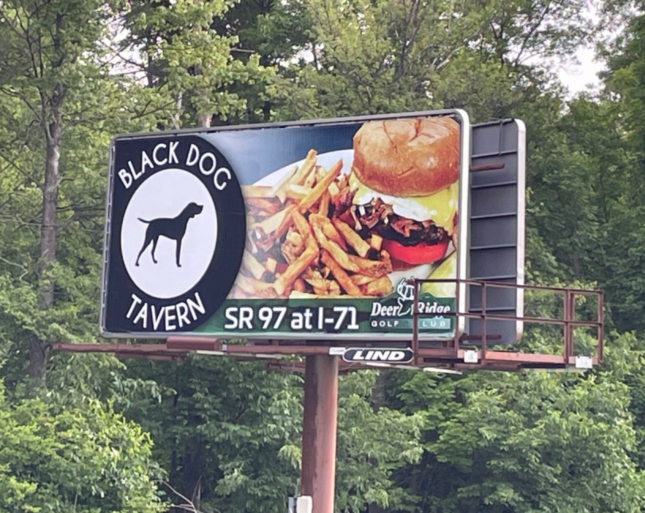 Deer Ridge Golf Course, Black Dog Tavern, burger fries billboard