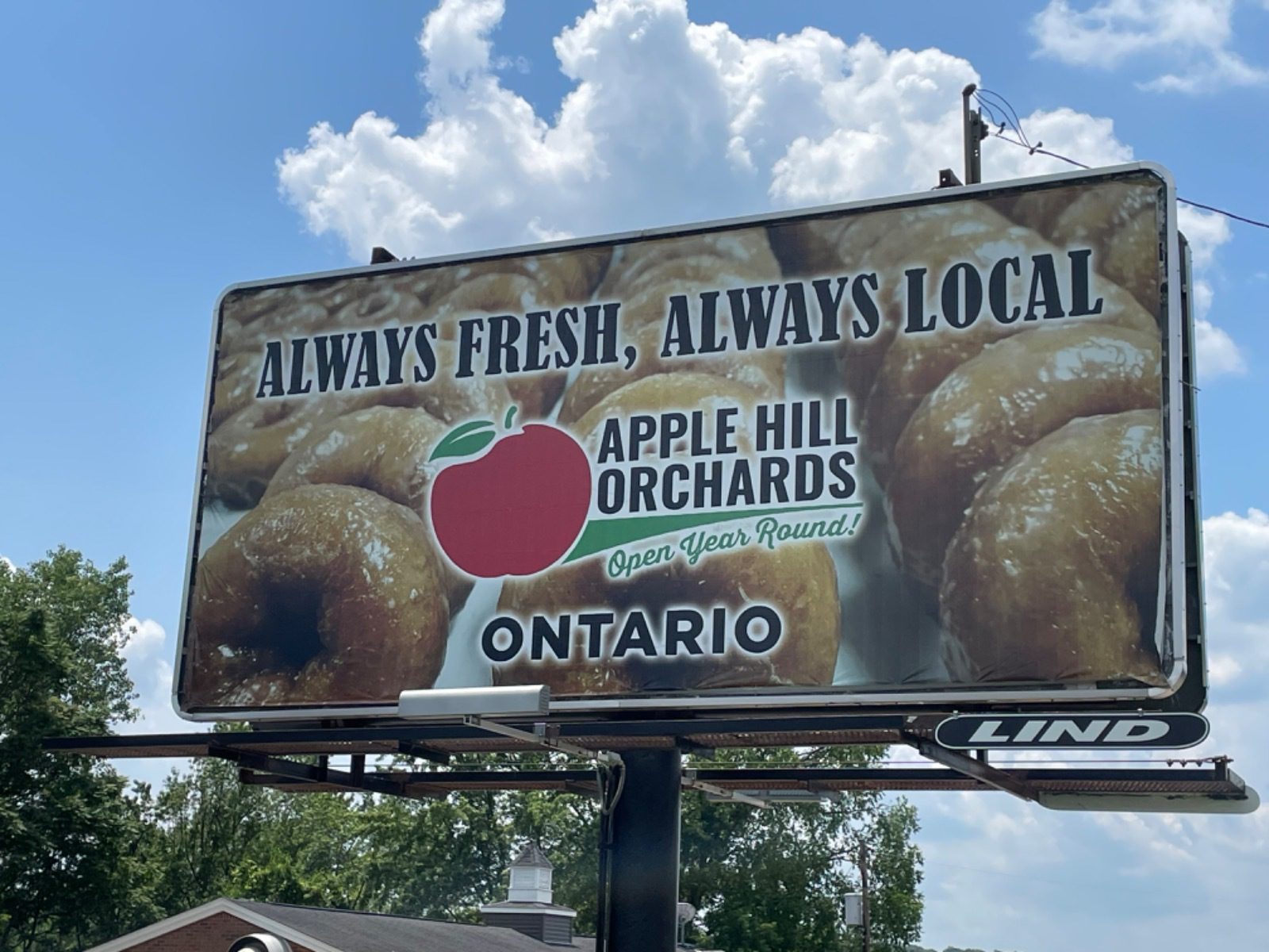 Apple Hill Orchards billboard, donut billboard, orchard billboard