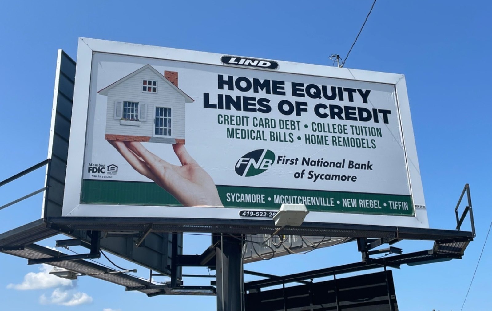 Bank billboard, loan billboard, First National Bank billboard