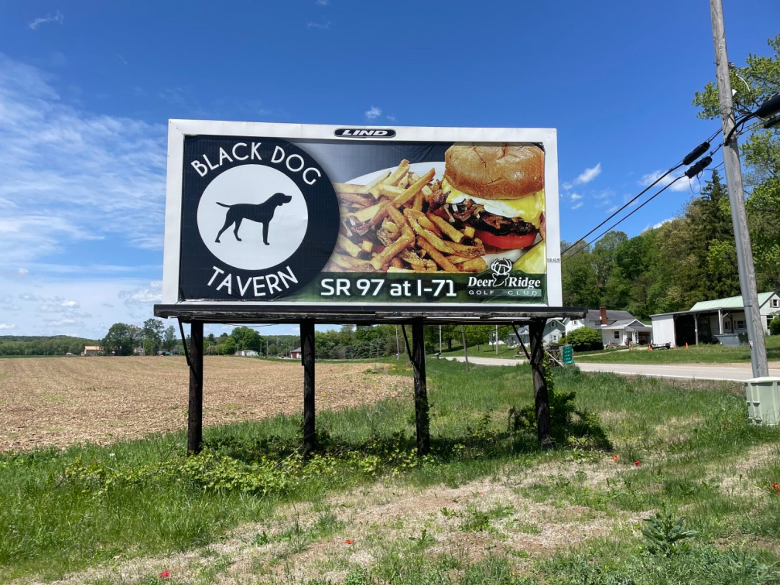 Black Dog Tavern billboard, Deer Ridge billboard, food billboard, restaurant billboard, burger, fries