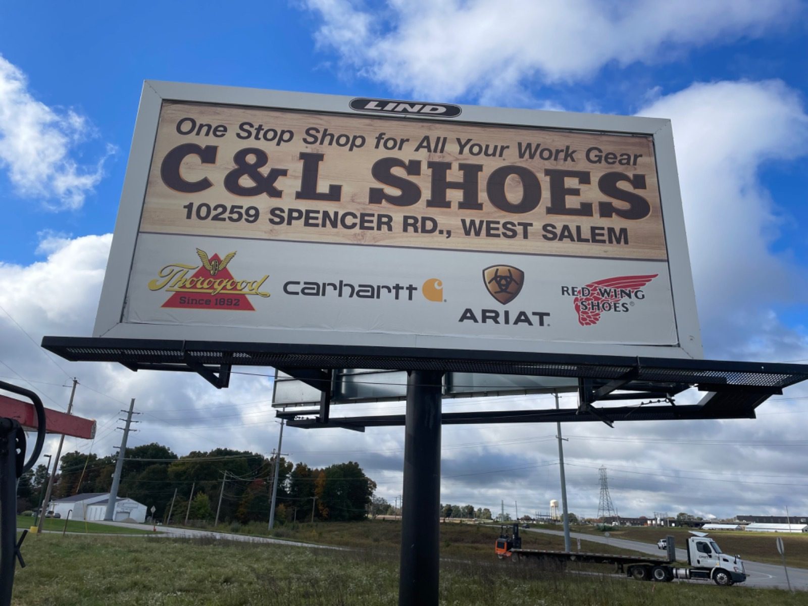 C&L Shoes billboard, shoes billboard, boots billboard, Carharrt, Ariat, Red Wing Shoes, Thorogood